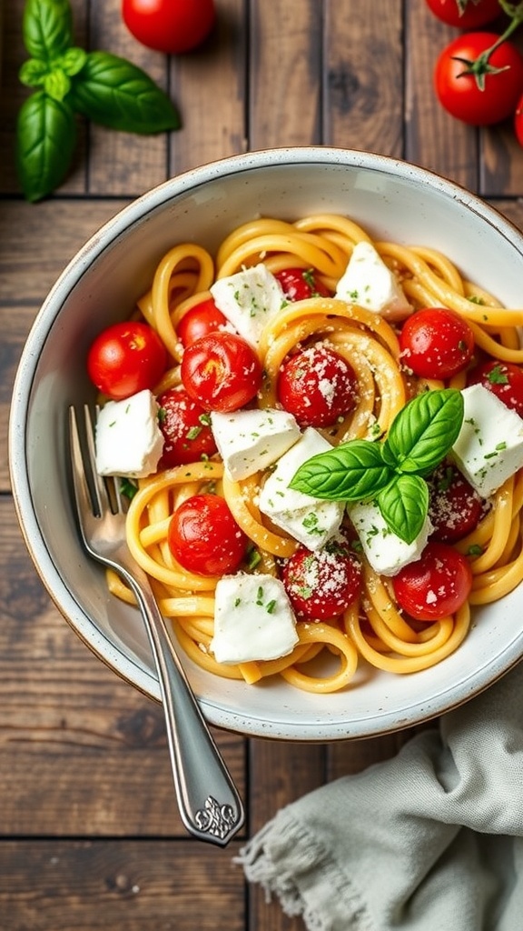 Baked Feta Pasta with Cherry Tomatoes Recipe Baked feta pasta with cherry tomatoes, garnished with basil and Parmesan, served in a rustic bowl.